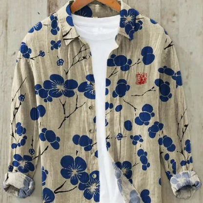 Men's Long Sleeve Linen Shirt, Modern Print