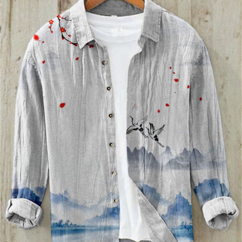 Men's Long Sleeve Linen Shirt, Modern Print
