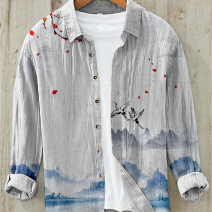 Men's Long Sleeve Linen Shirt, Modern Print