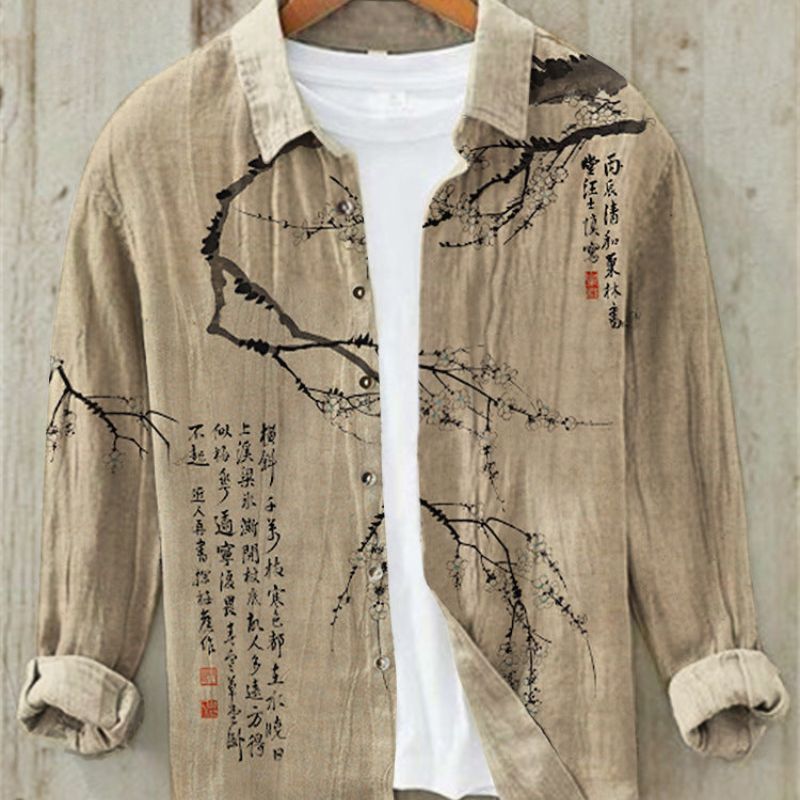Men's Long Sleeve Linen Shirt, Modern Print