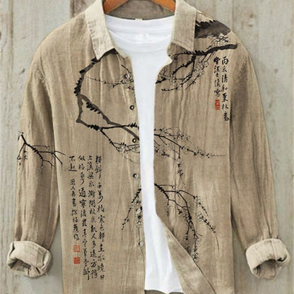 Men's Long Sleeve Linen Shirt, Modern Print