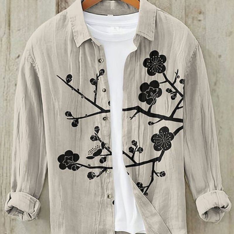 Men's Long Sleeve Linen Shirt, Modern Print
