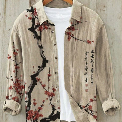Men's Long Sleeve Linen Shirt, Modern Print