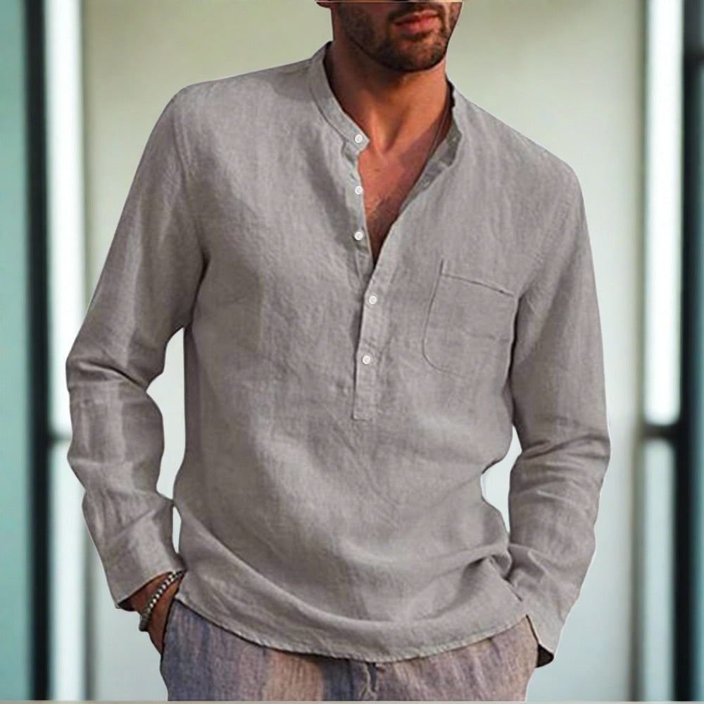 Men's Long-Sleeved Linen Shirt with Chest Pocket