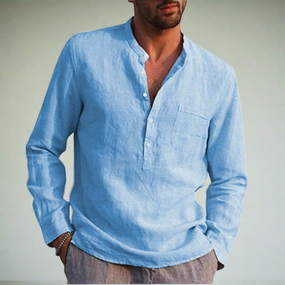 Men's Long-Sleeved Linen Shirt with Chest Pocket