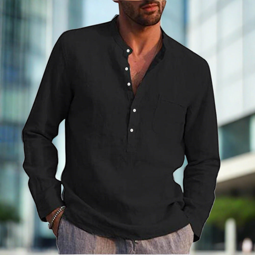 Men's Long-Sleeved Linen Shirt with Chest Pocket