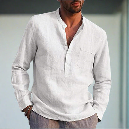 Men's Long-Sleeved Linen Shirt with Chest Pocket