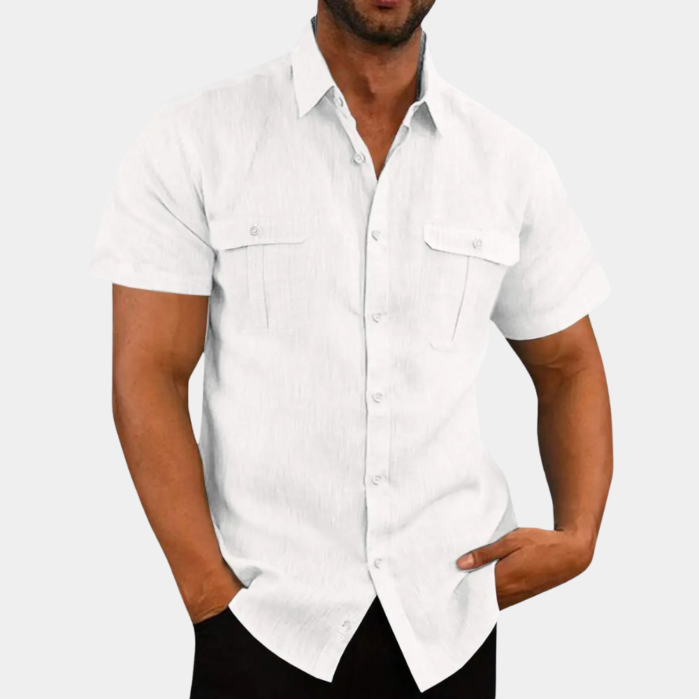 Men's Short Sleeve Linen Shirt with Chest Pockets