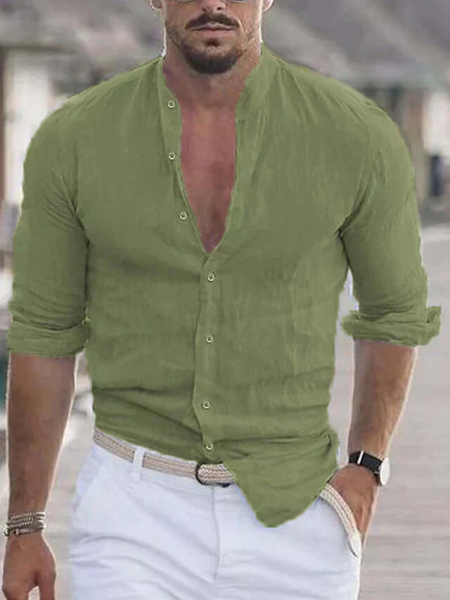 Men's Slim Fit Long Sleeve Linen Shirt