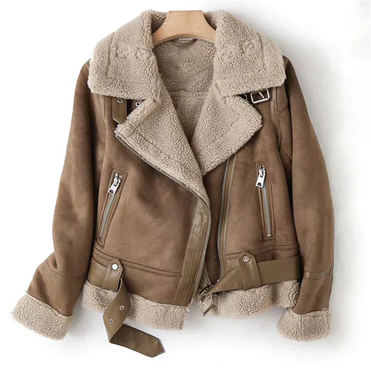 Damen Lederjacke Mit Gurt Und Reißverschluss Elegant Schwarz - IdealeKleiden