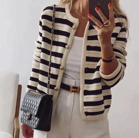 Gestreifte Strickjacke Damen Modern Knöpfe - IdealeKleiden