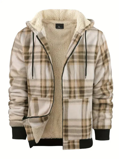 Men's Winter Jacket Fleece Hood Warm Plaid