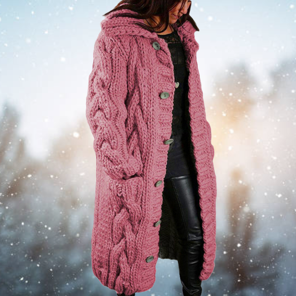 Long knitted winter jacket with cable pattern, warm acrylic wool