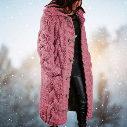 Long knitted winter jacket with cable pattern, warm acrylic wool