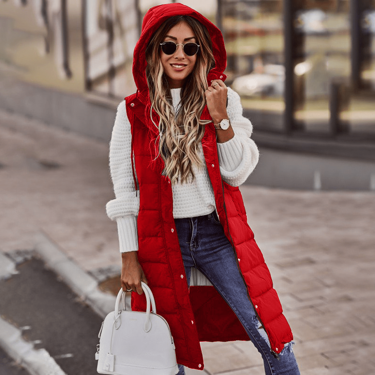 Women's Long Quilted Vest with Hood