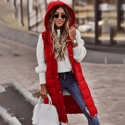 Women's Long Quilted Vest with Hood