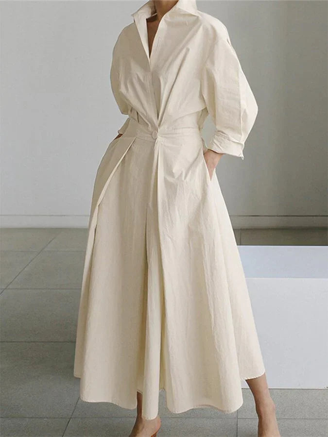 Elegant Women's Maxi Dress with Collar and Chic Pleats
