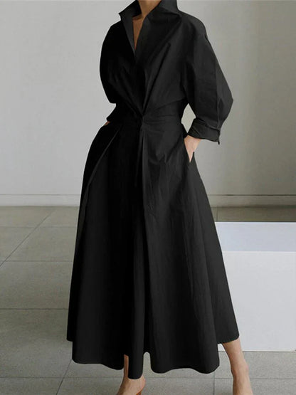 Elegant Women's Maxi Dress with Collar and Chic Pleats