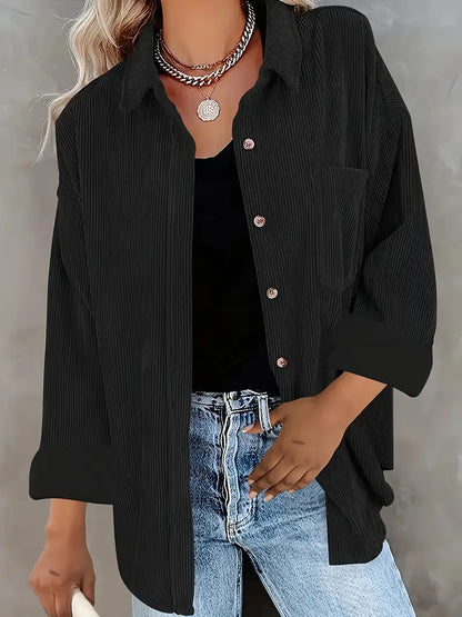 Elegant corduroy pants with a blouse and buttons