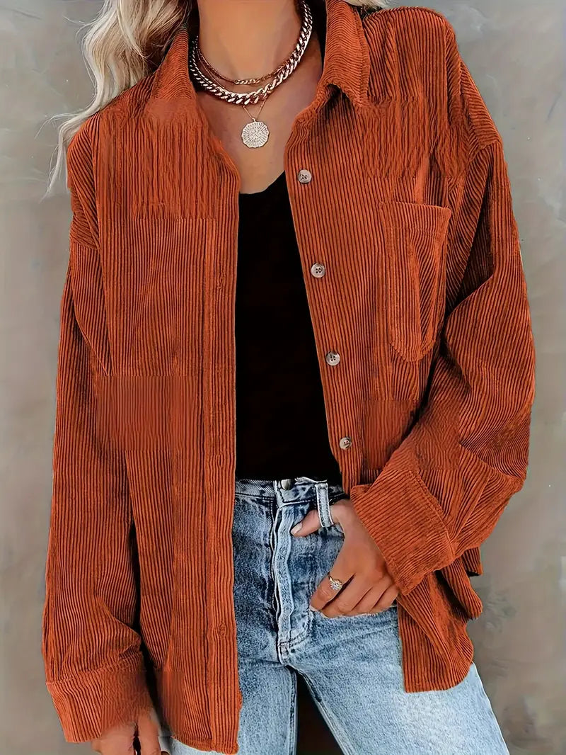 Elegant corduroy pants with a blouse and buttons