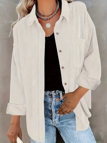 Elegant corduroy pants with a blouse and buttons