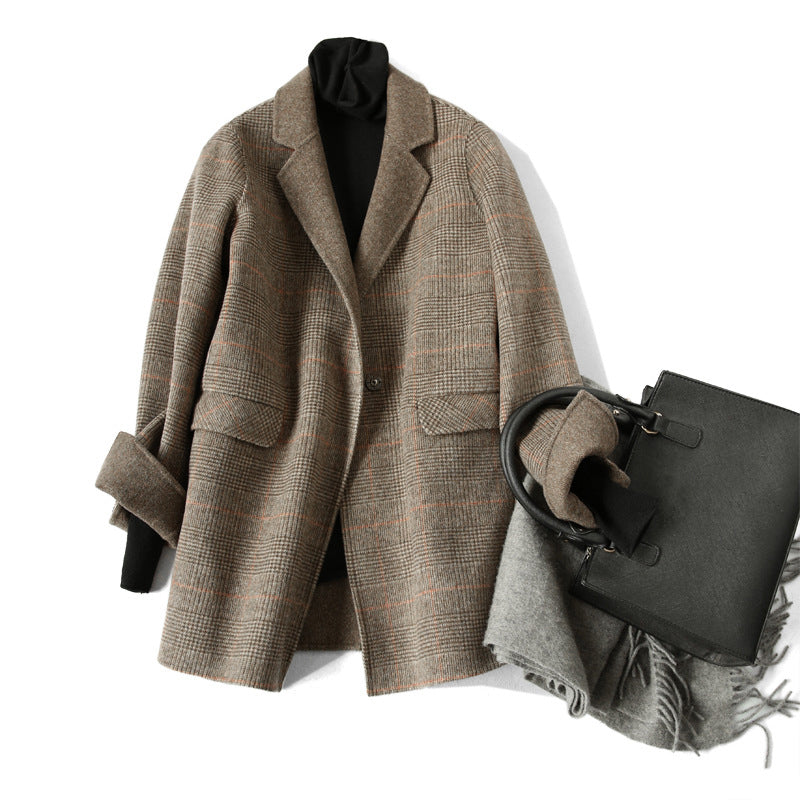 Women's Wool Jacket Plaid Pattern Lapel Collar Winter