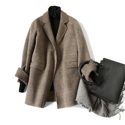 Women's Wool Jacket Plaid Pattern Lapel Collar Winter