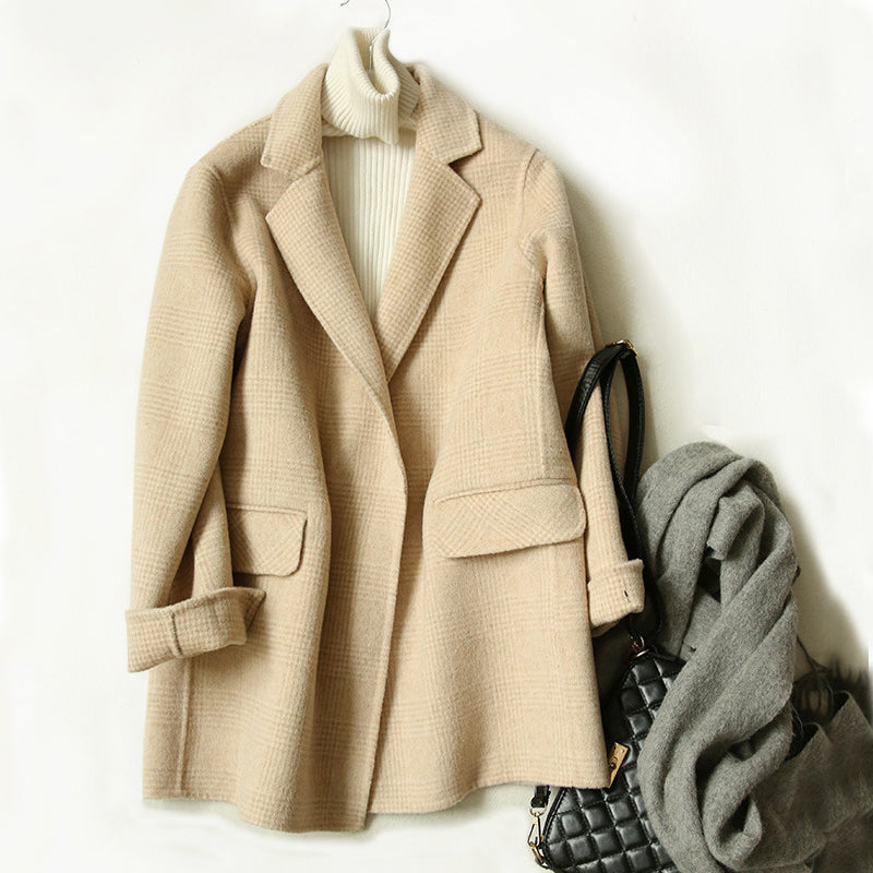 Women's Wool Jacket Plaid Pattern Lapel Collar Winter