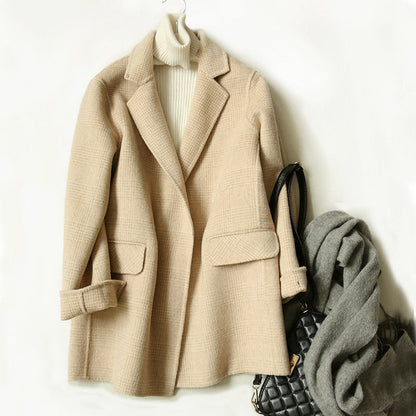 Women's Wool Jacket Plaid Pattern Lapel Collar Winter