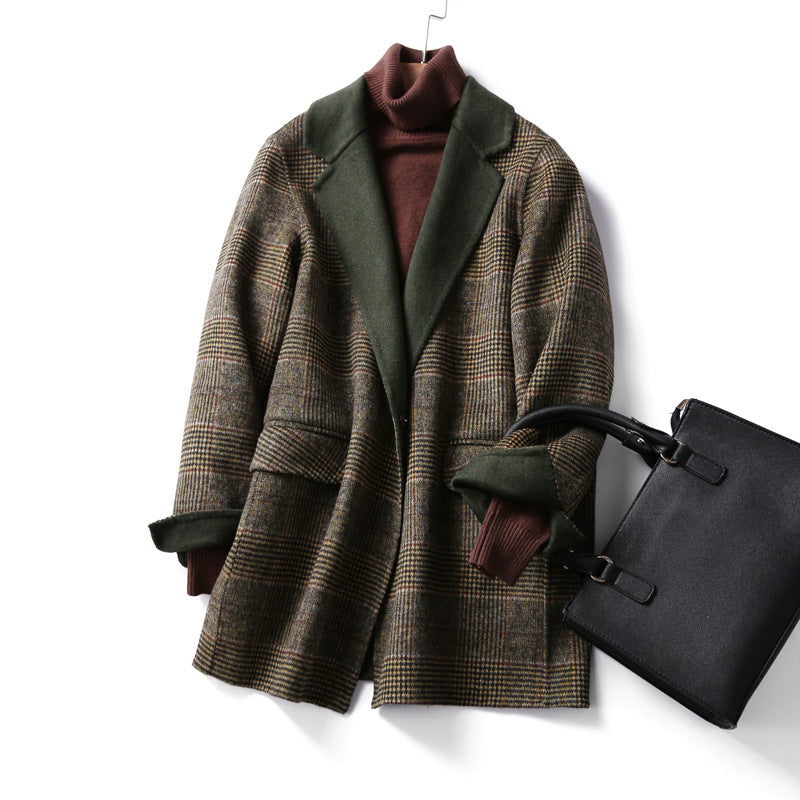 Women's Wool Jacket Plaid Pattern Lapel Collar Winter