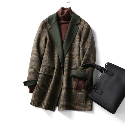 Women's Wool Jacket Plaid Pattern Lapel Collar Winter