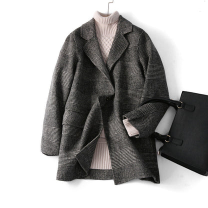 Women's Wool Jacket Plaid Pattern Lapel Collar Winter