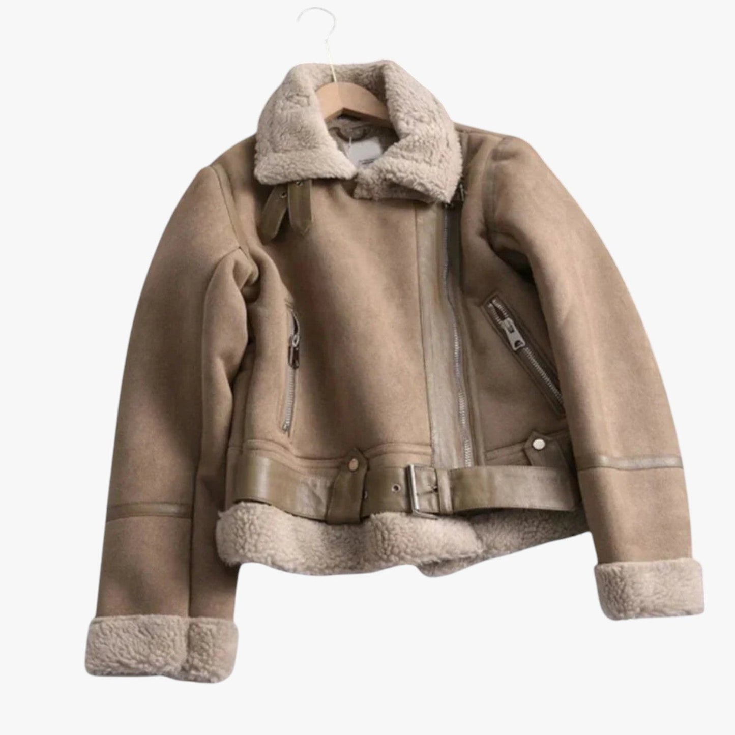 Women's Biker Jacket Warm Teddy Leather Look