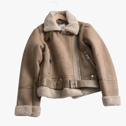 Women's Biker Jacket Warm Teddy Leather Look