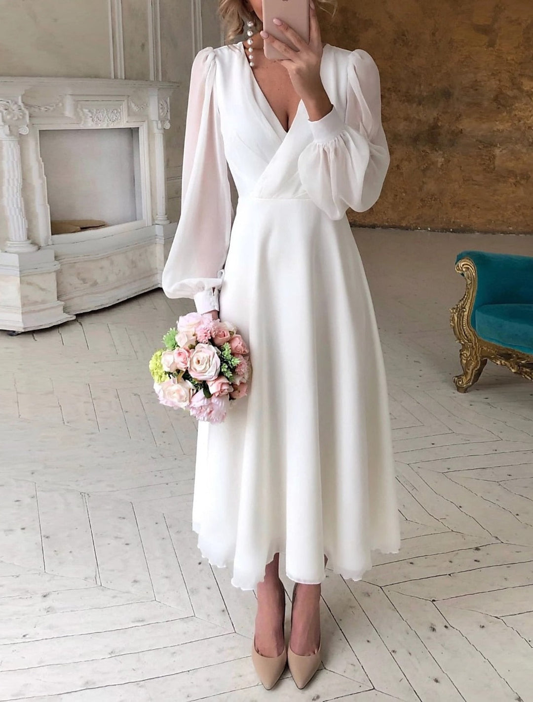 Elegantes Brautkleid Langarm Damen Hochzeit - IdealeKleiden