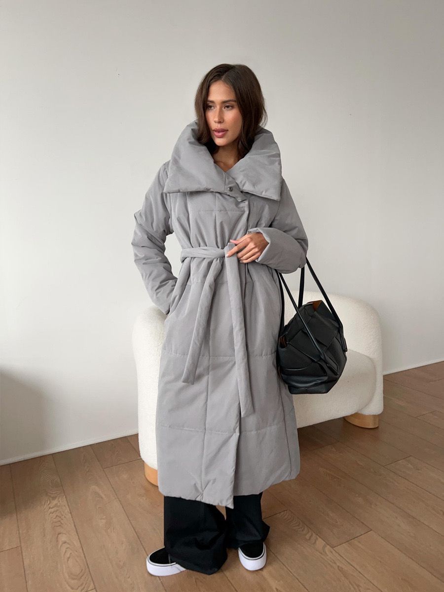 Women's Warm Puffer Jacket with Belt and High Collar