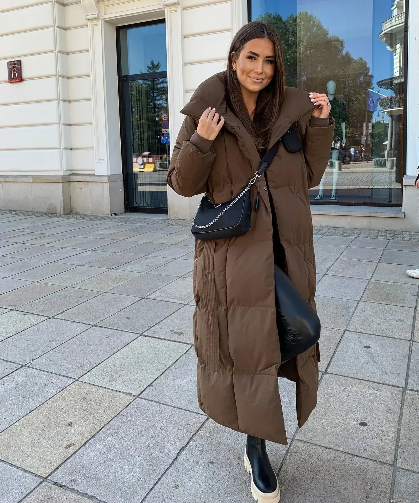 Women's Warm Puffer Jacket with Belt and High Collar