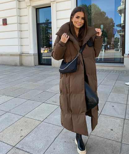 Women's Warm Puffer Jacket with Belt and High Collar