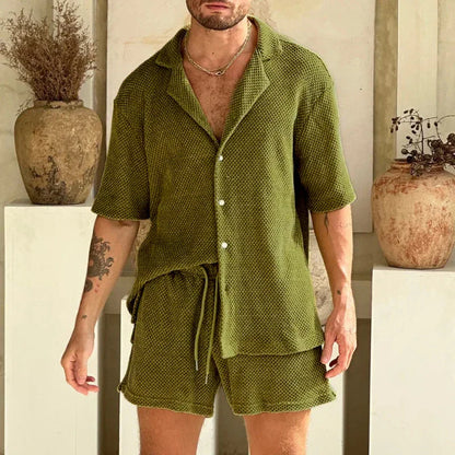 Men's Casual Waffle Knit Shirt and Shorts Set for Summer