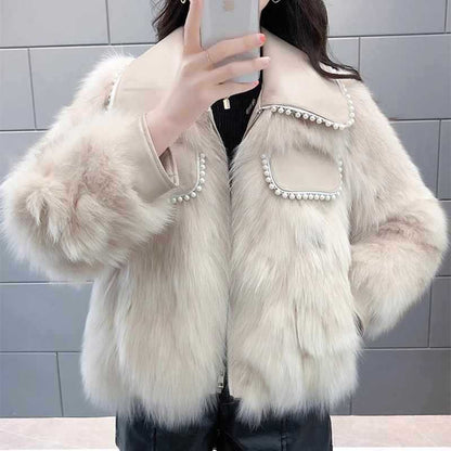 Luxury Faux Fur Jacket with Bead Details