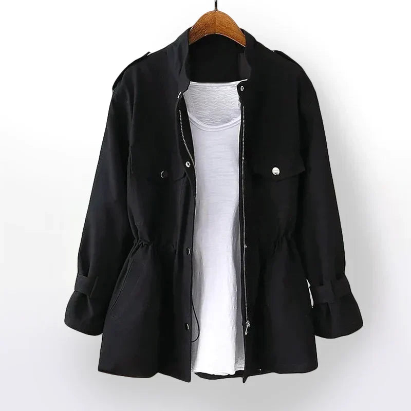Practical outdoor jacket with waist belt and multi-purpose pockets