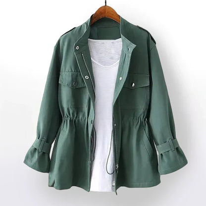 Practical outdoor jacket with waist belt and multi-purpose pockets