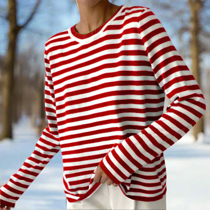 Comfortable Long-Sleeve Shirt Stripes Crew Neck Cotton
