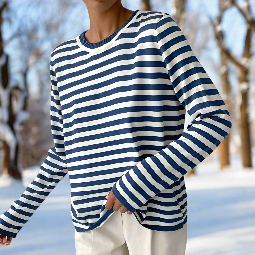 Comfortable Long-Sleeve Shirt Stripes Crew Neck Cotton