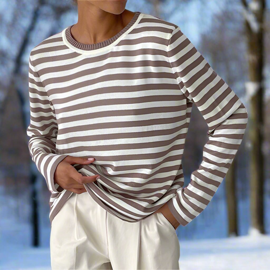 Comfortable Long-Sleeve Shirt Stripes Crew Neck Cotton