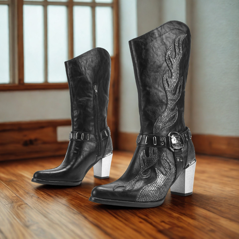 Leder Stiefel Mittelhoch Elegant Spitze - IdealeKleiden