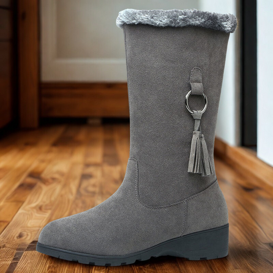 Stiefel Wildlederoptik Wadenhoch Niedriger Absatz - IdealeKleiden