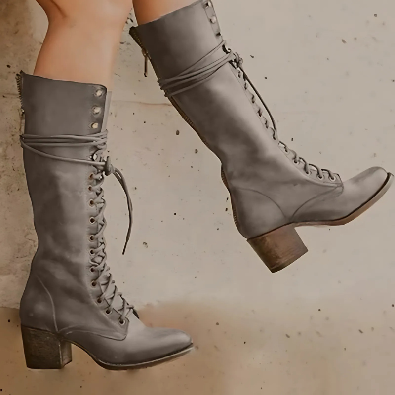Knee-high Boots Women Lacing Block Heel Round Toe