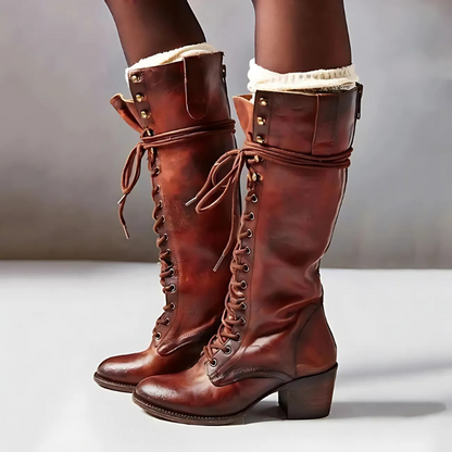 Knee-high Boots Women Lacing Block Heel Round Toe
