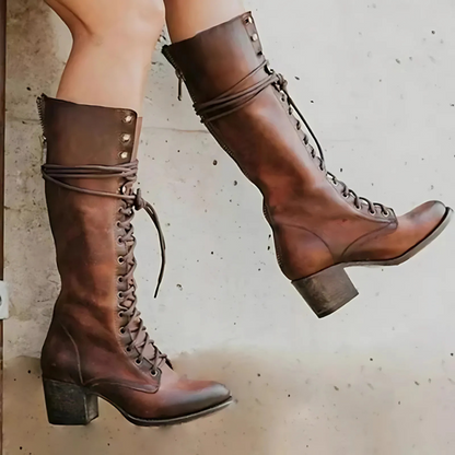 Knee-high Boots Women Lacing Block Heel Round Toe